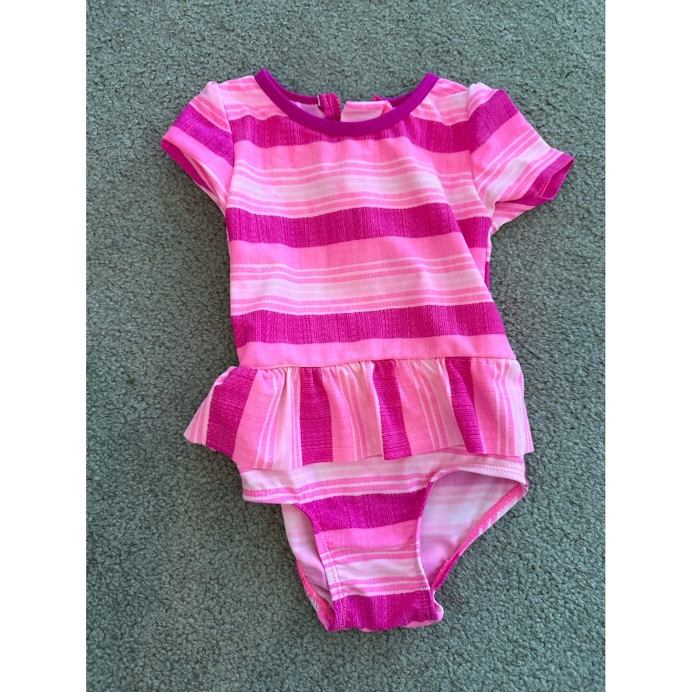 Joe Fresh Girls Pink Striped Ruffle Short Sleeve One Piece Swimsuit 12-18 Months
